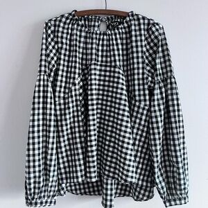 VICI women's plaid checkered hi low blouse top L black white keyhole puff sleeve